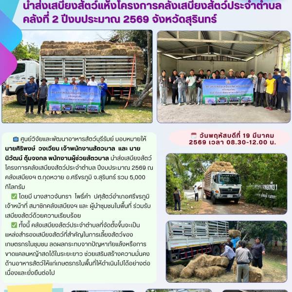 นำส่งเสบียงสัตว์แห้งโครงการคลังเสบียงสัตว์ประจำตำบล คลังที่ 2 ปีงบประมาณ 2569 จังหวัดสุรินทร์